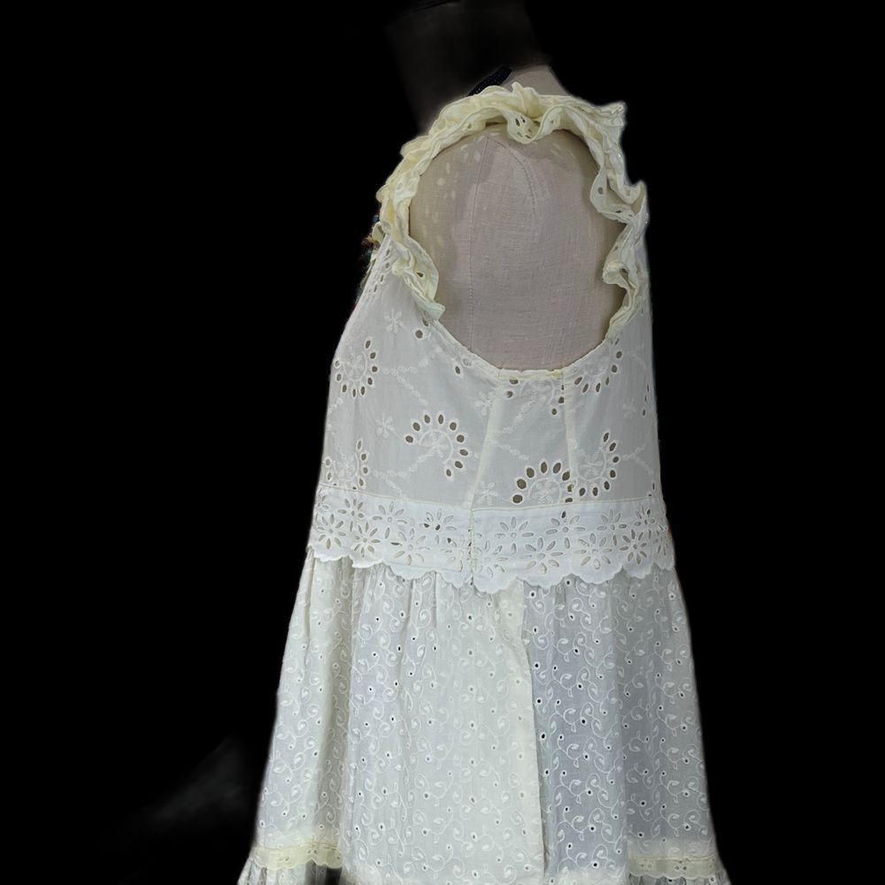 Pale yellow Upcycled shabby chic eyelet Boho Prairie dress with 3 tiers, size M - Picture 6 of 7